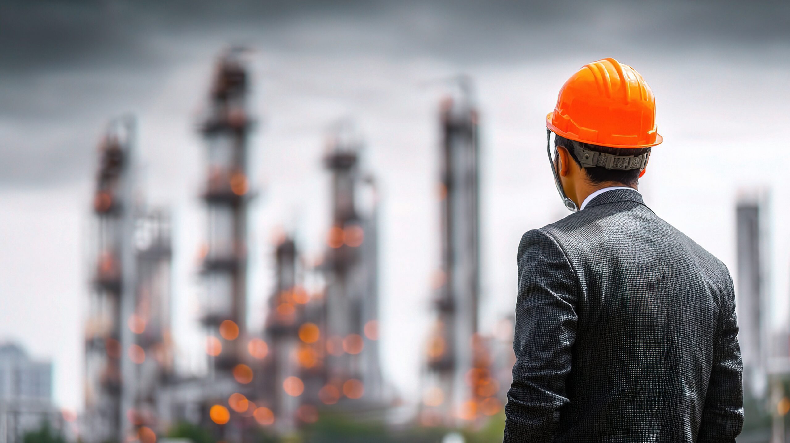 executive in orange helmet observing industrial landscape