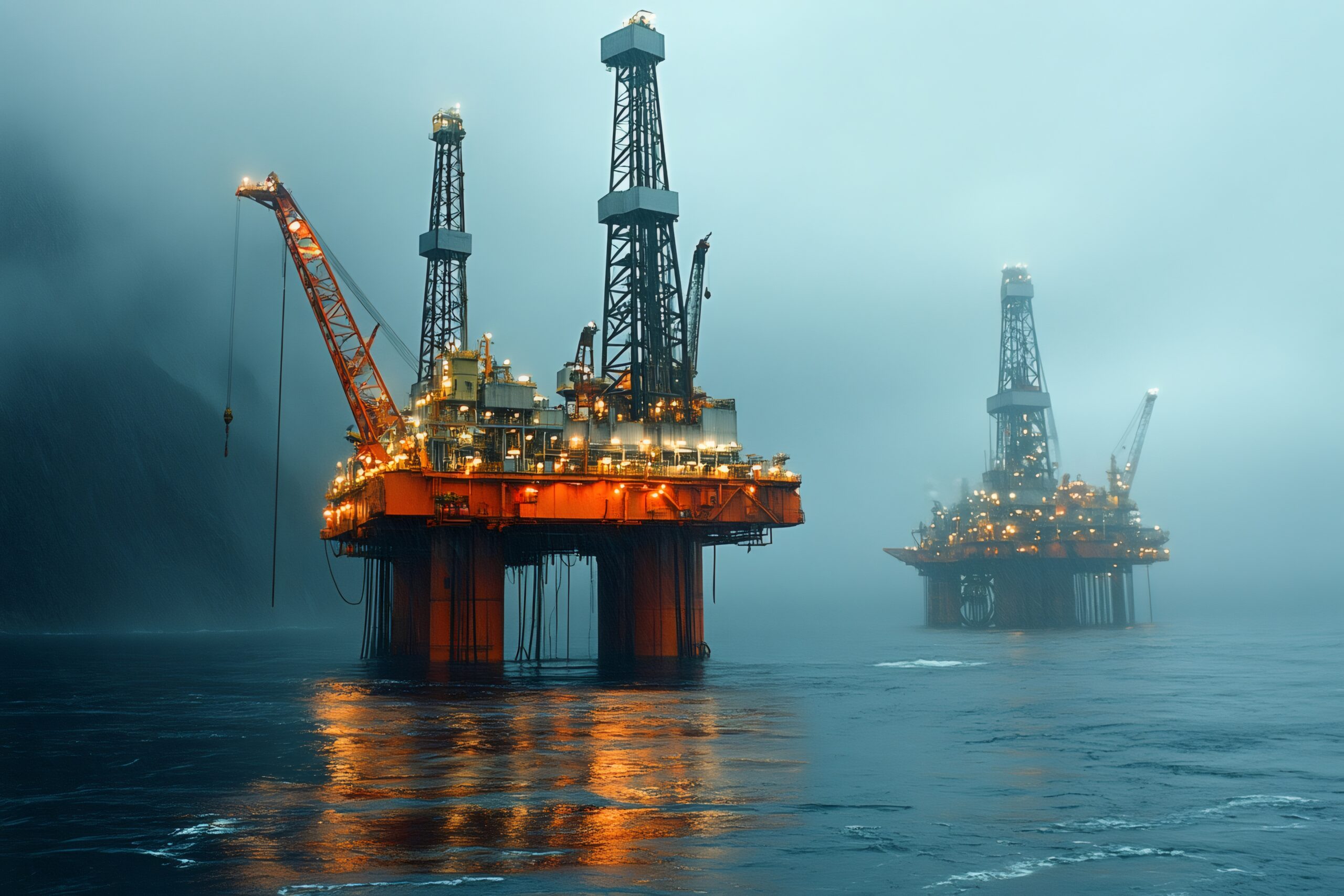 oil platform extracting petroleum in the ocean with dramatic twilight sky